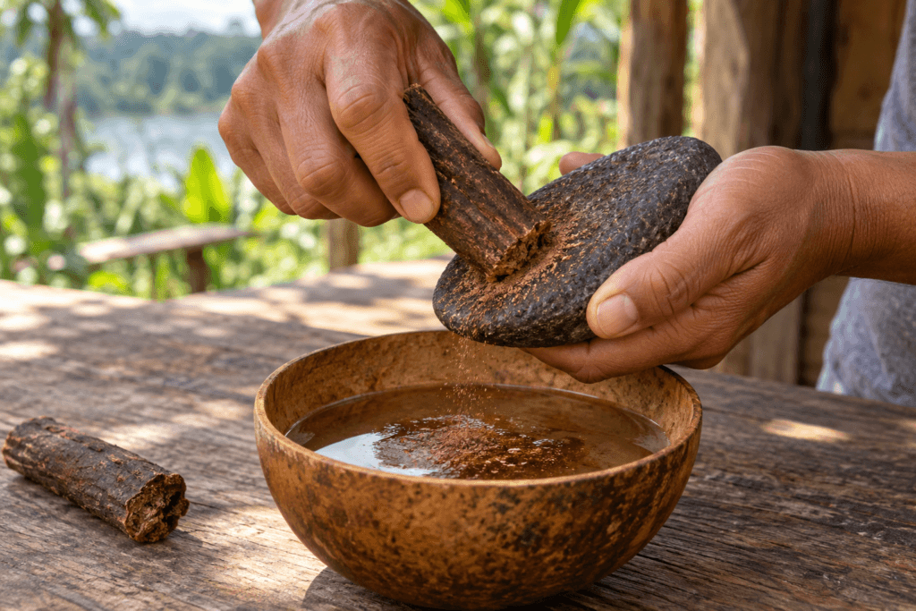 Bastão de guaraná sendo ralado sobre pedra escura acima de uma cuia com água
