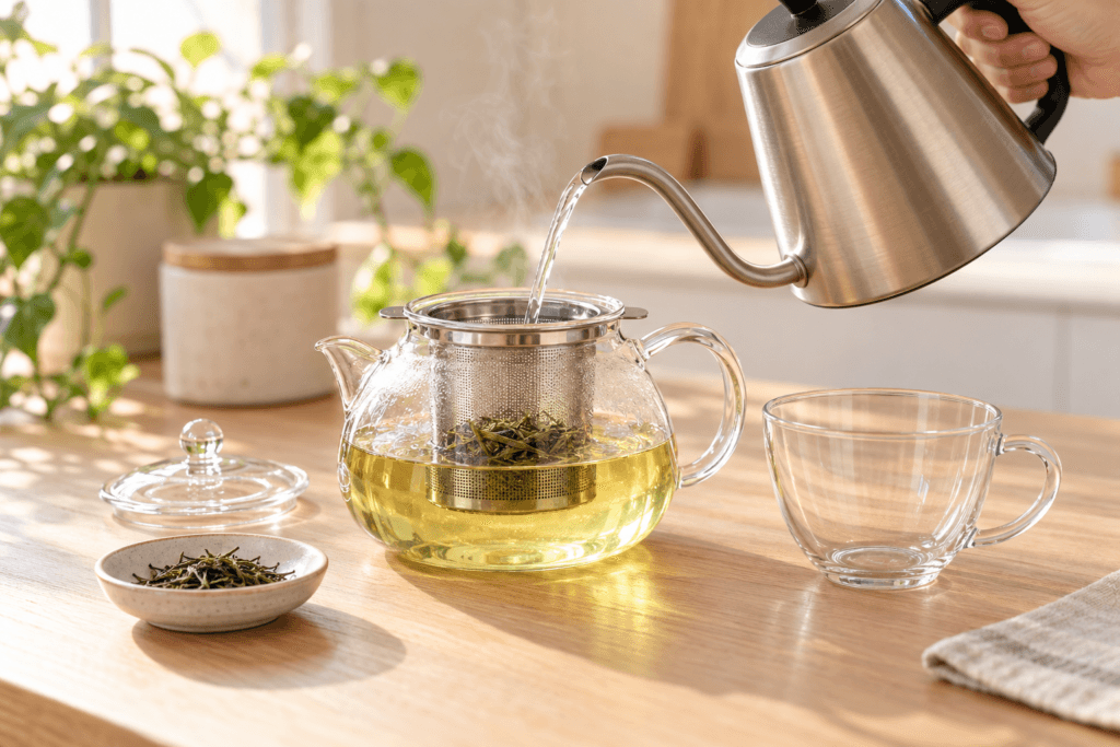 Água quente sendo despejada sobre folhas de chá verde em infusor dentro de bule de vidro