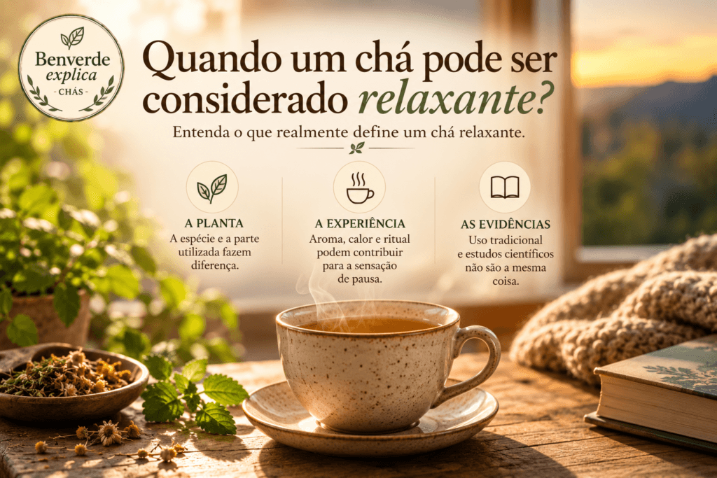 Infográfico sobre chá relaxante mostrando três fatores: planta utilizada, experiência de consumo e evidências científicas