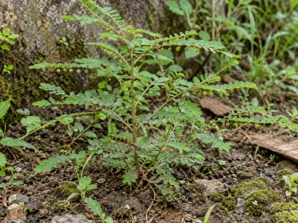 Planta quebra-pedra na natureza, mostrando o porte delicado, os ramos finos e as pequenas folhas características do gênero Phyllanthus.