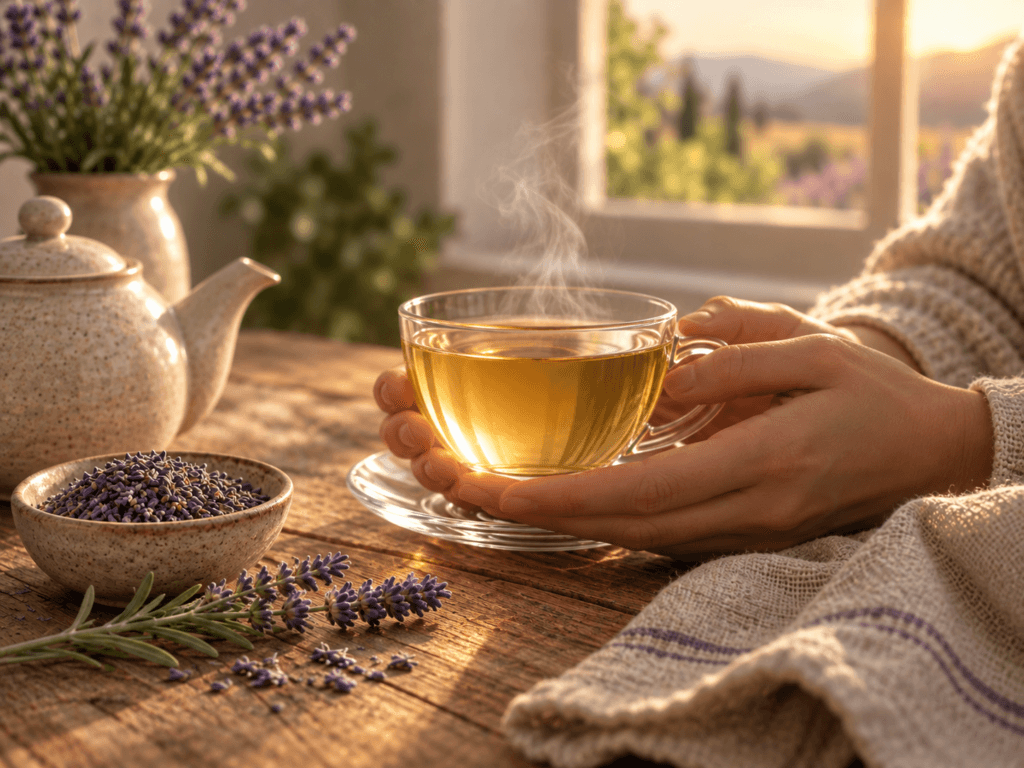 Pessoa segurando uma xícara de chá de lavanda em um ambiente tranquilo com flores de Lavandula angustifolia.