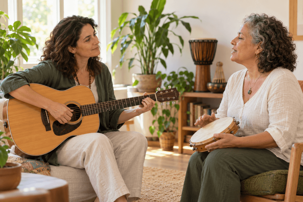 Musicoterapeuta toca violão enquanto mulher acompanha a música com instrumento de percussão