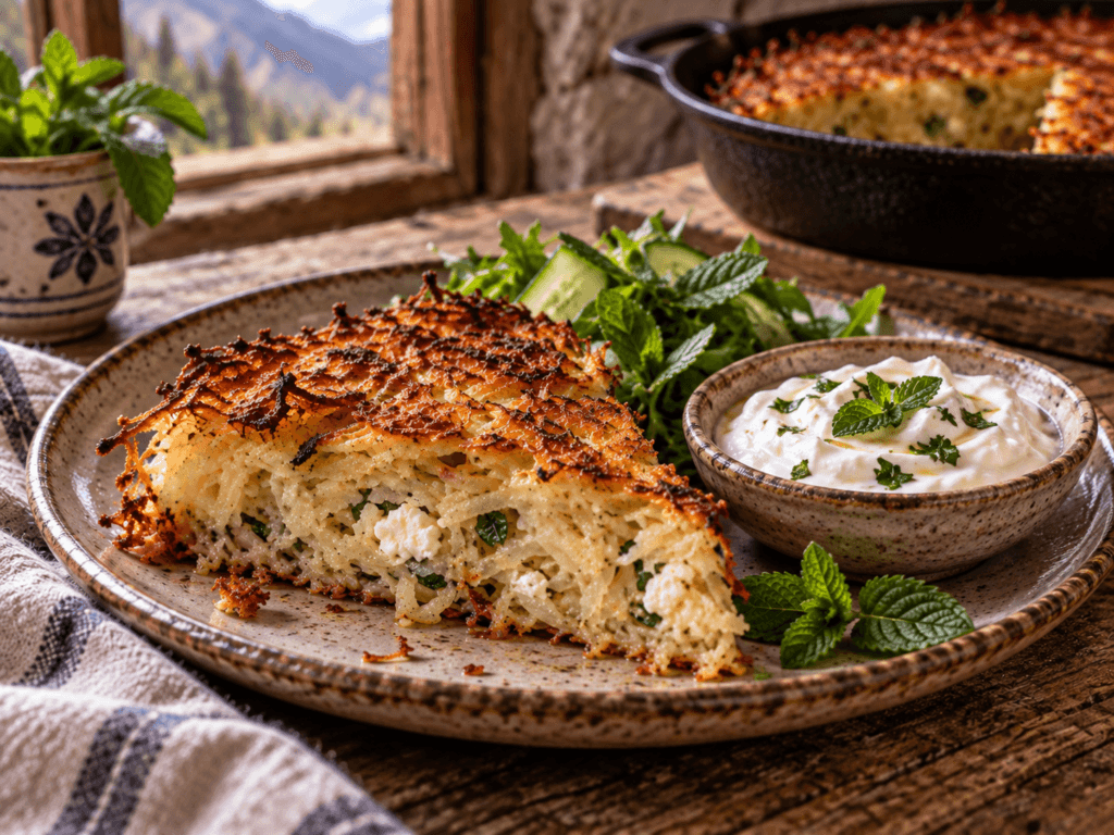 Fatia de patatnik servida com molho de iogurte, hortelã e salada fresca