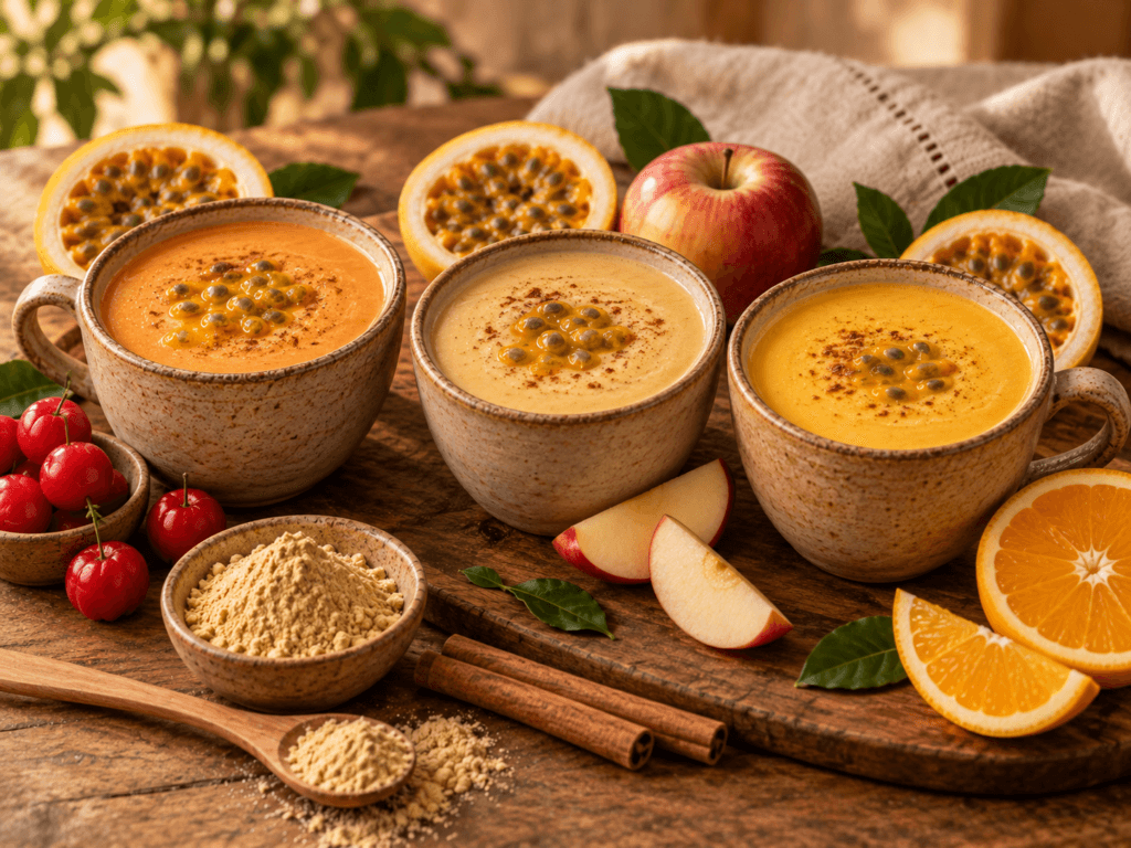 Três versões de api de maca com acerola, maçã e laranja