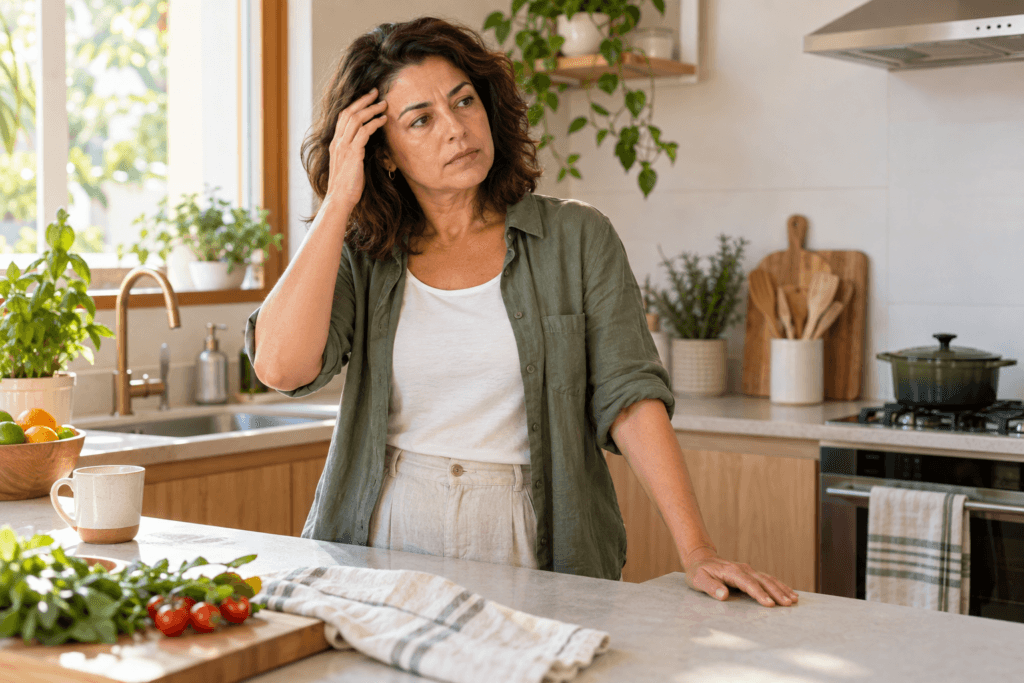 Mulher faz uma pausa em uma cozinha iluminada ao perceber sinais de irritação e sobrecarga