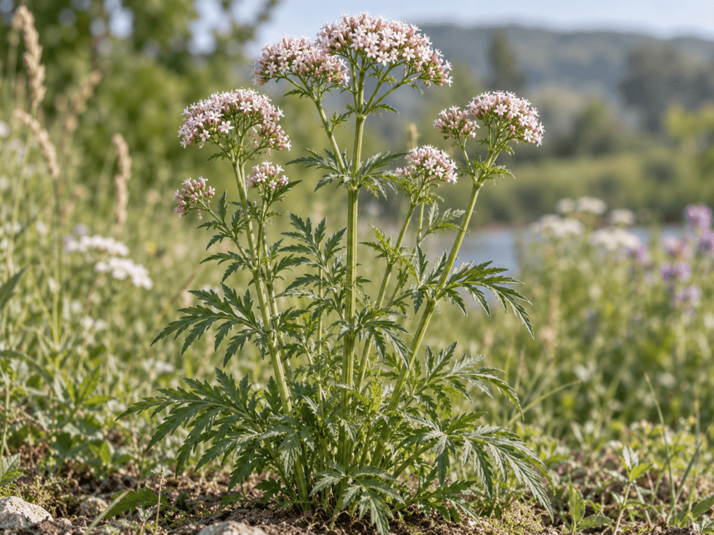 Valeriana officinalis crescendo na natureza, com caules eretos, folhas divididas e inflorescências rosadas.
