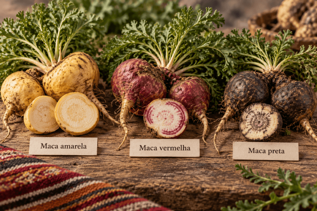 Maca-peruana amarela, vermelha e preta mostrando diferentes cores do hipocótilo
