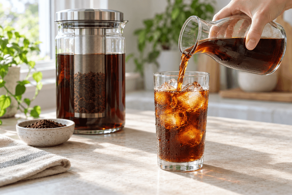Cold brew sendo servido em copo com gelo ao lado da jarra de infusão