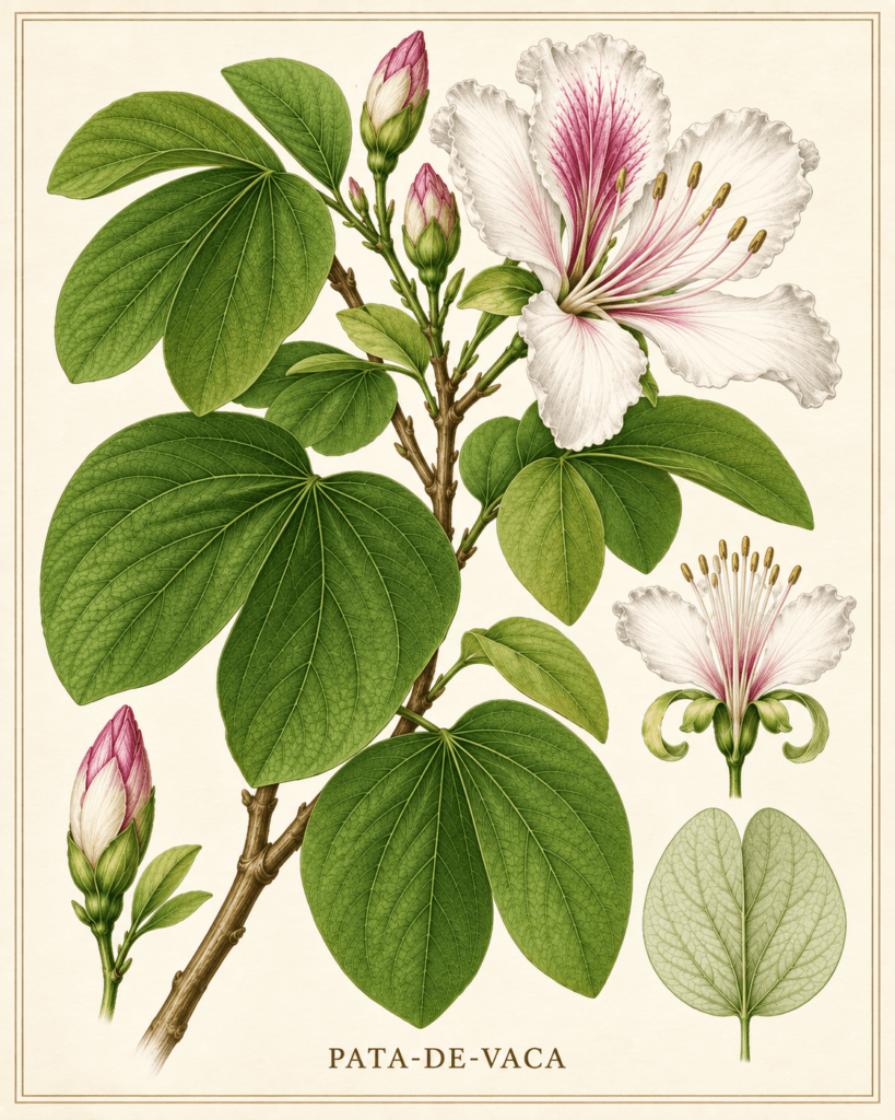 Ilustração botânica histórica de Bauhinia, gênero conhecido como pata-de-vaca, registrada no Brasil no século XVIII.