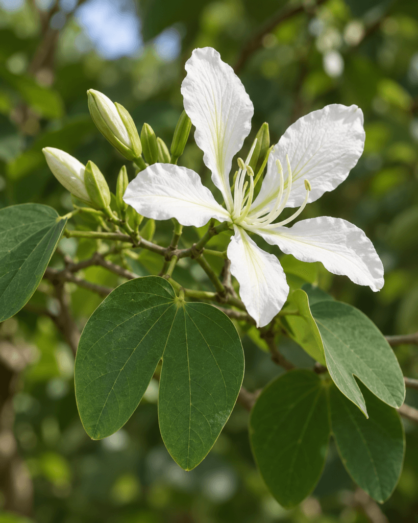 Flor branca de Bauhinia forficata na natureza com folhas bilobadas características.