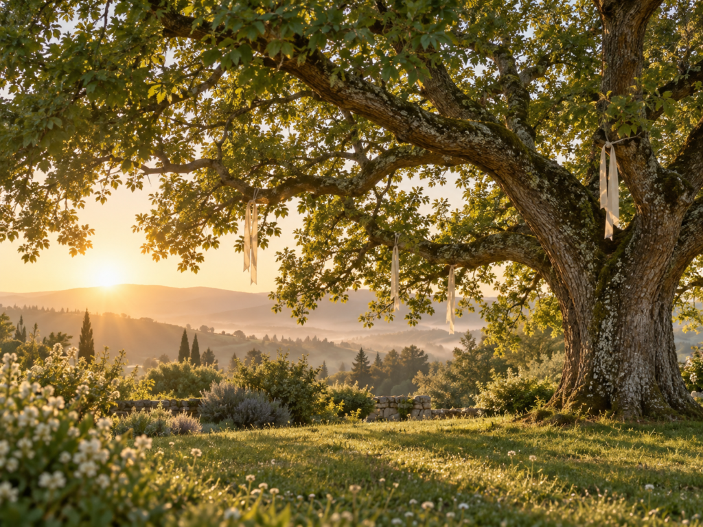 Árvore dos desejos — Árvore majestosa com pequenos tecidos claros pendurados nos galhos, iluminada pela luz dourada do amanhecer em uma paisagem verde.