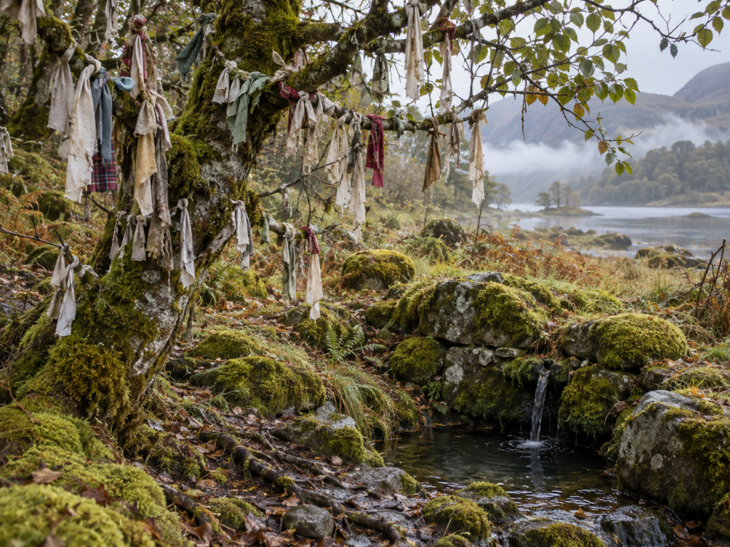 Árvore antiga coberta por pequenos pedaços de tecido, próxima a uma fonte de pedras cobertas por musgo em uma paisagem escocesa com montanhas e lago.