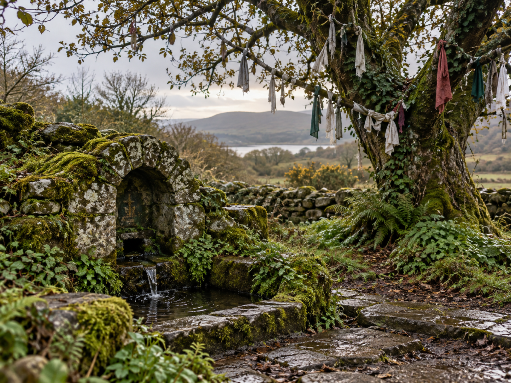 Antiga fonte de pedra coberta por musgos ao lado de uma árvore com pequenos tecidos pendurados, em uma paisagem rural irlandesa.