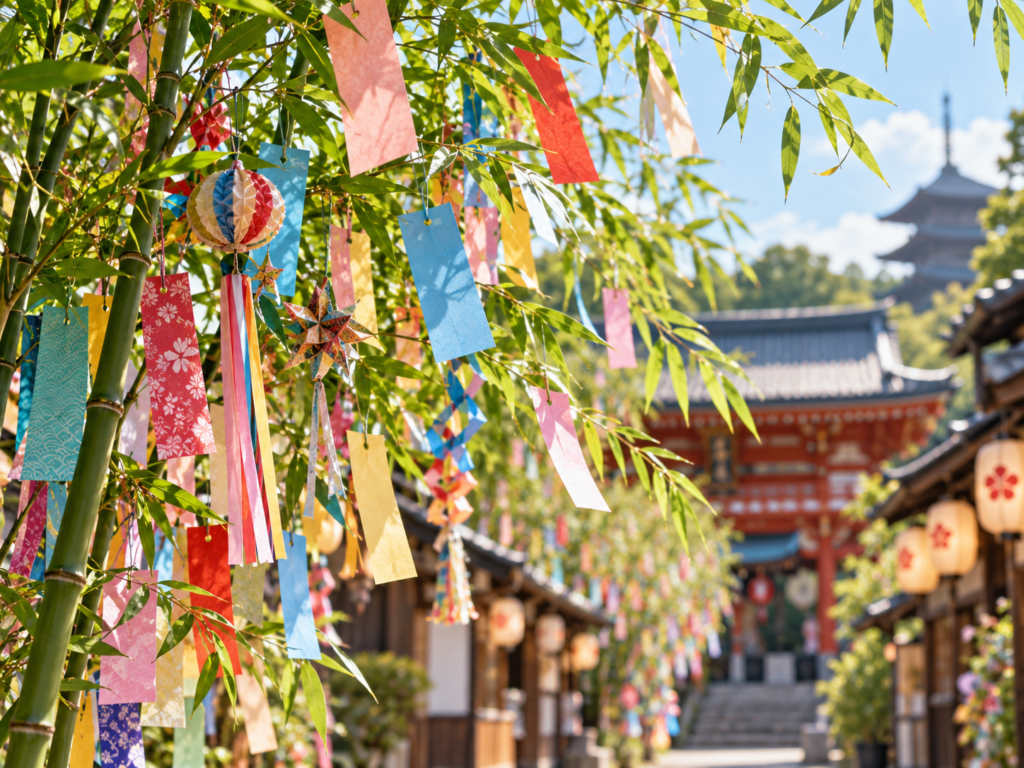 Ramos de bambu decorados com tiras de papel colorido e enfeites tradicionais japoneses, diante de construções de arquitetura japonesa.