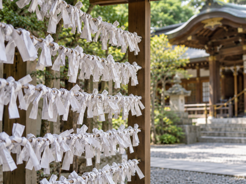 Numerosos papéis brancos dobrados e amarrados em estruturas de madeira, com um santuário japonês e vegetação ao fundo.