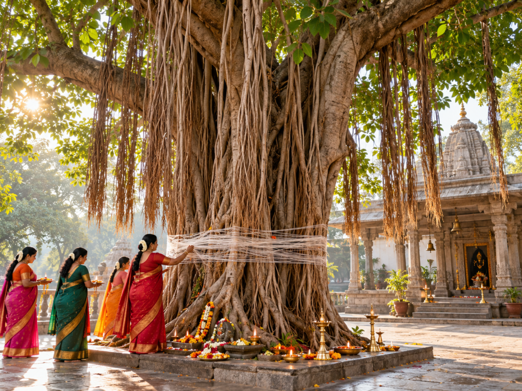 Mulheres indianas em trajes tradicionais próximas a uma grande árvore banyan de raízes aéreas, com fios brancos envolvendo seu tronco.