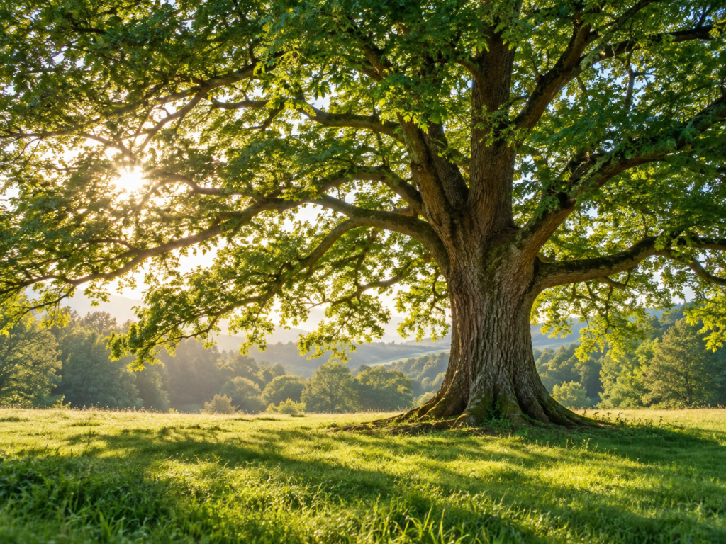 Grande árvore de tronco robusto e copa verde iluminada pelo sol, crescendo livremente em uma paisagem natural de gramado e colinas.