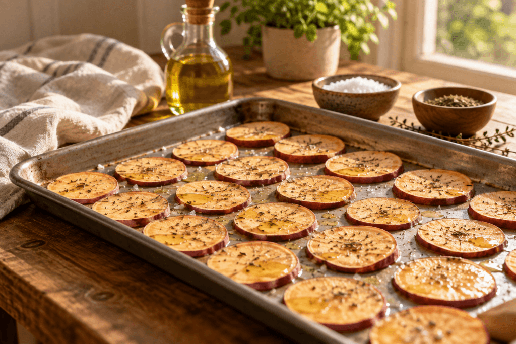 Fatias finas de batata-doce temperadas e distribuídas em uma única camada sobre assadeira