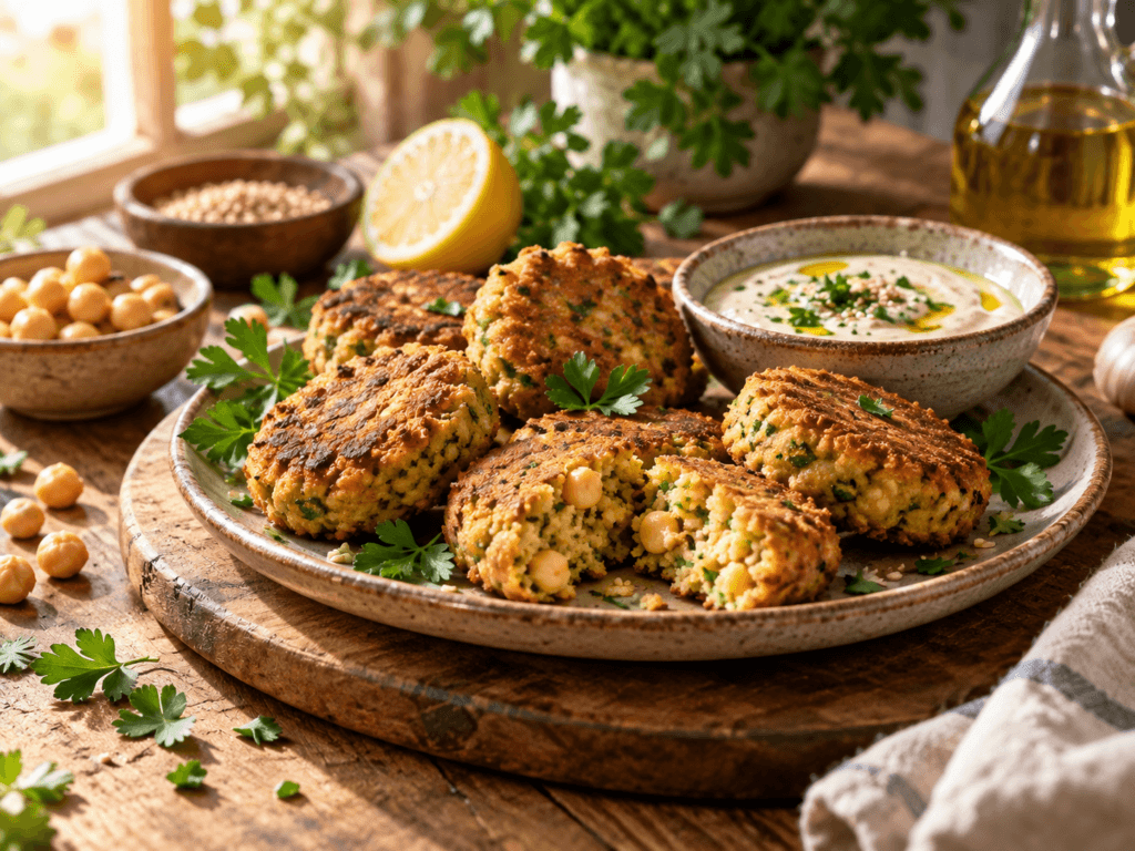 Bolinho funcional de grão-de-bico assado servido com homus e salada fresca em composição rústica.
