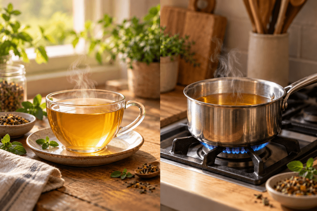 Reaquecer certo chás faz mal? Comparação visual entre uma xícara de chá recém-preparado e a bebida sendo reaquecida suavemente no fogão