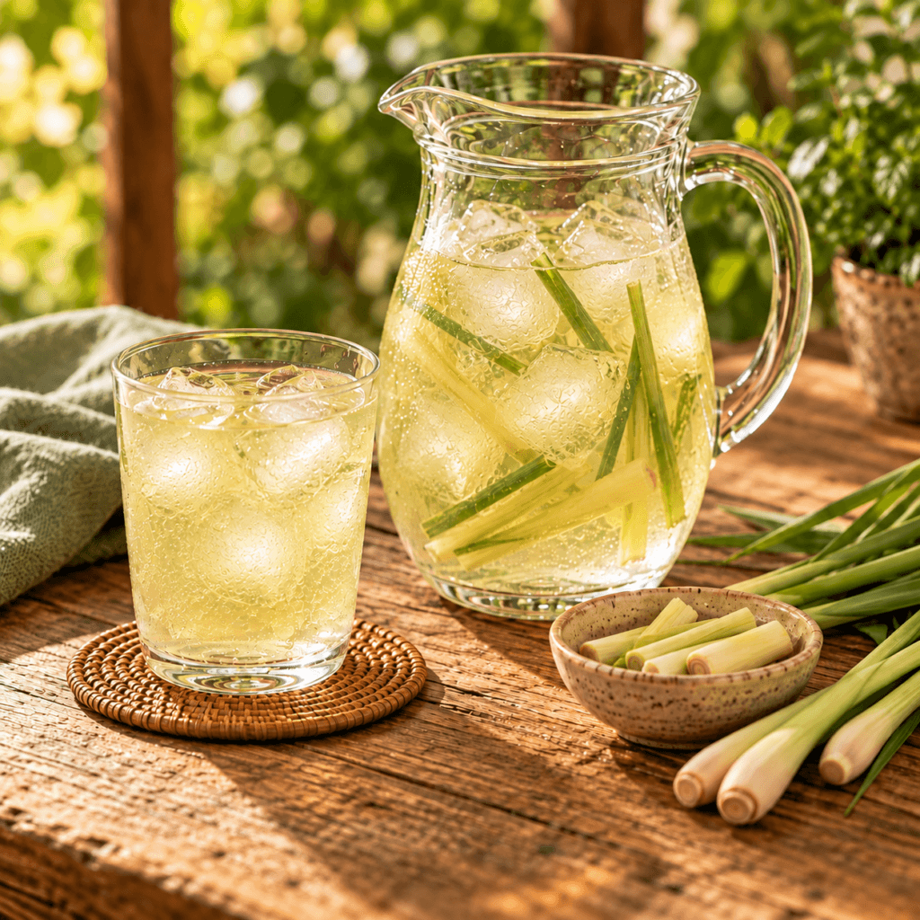 Jarra de infusão gelada de capim-cidreira com gelo e folhas da planta, ao lado de um copo servido sem folhas