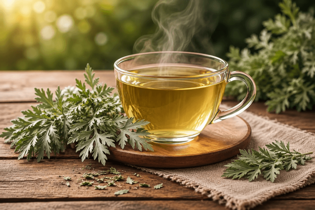 Xícara de chá de losna coado com ramos de Artemisia absinthium ao redor