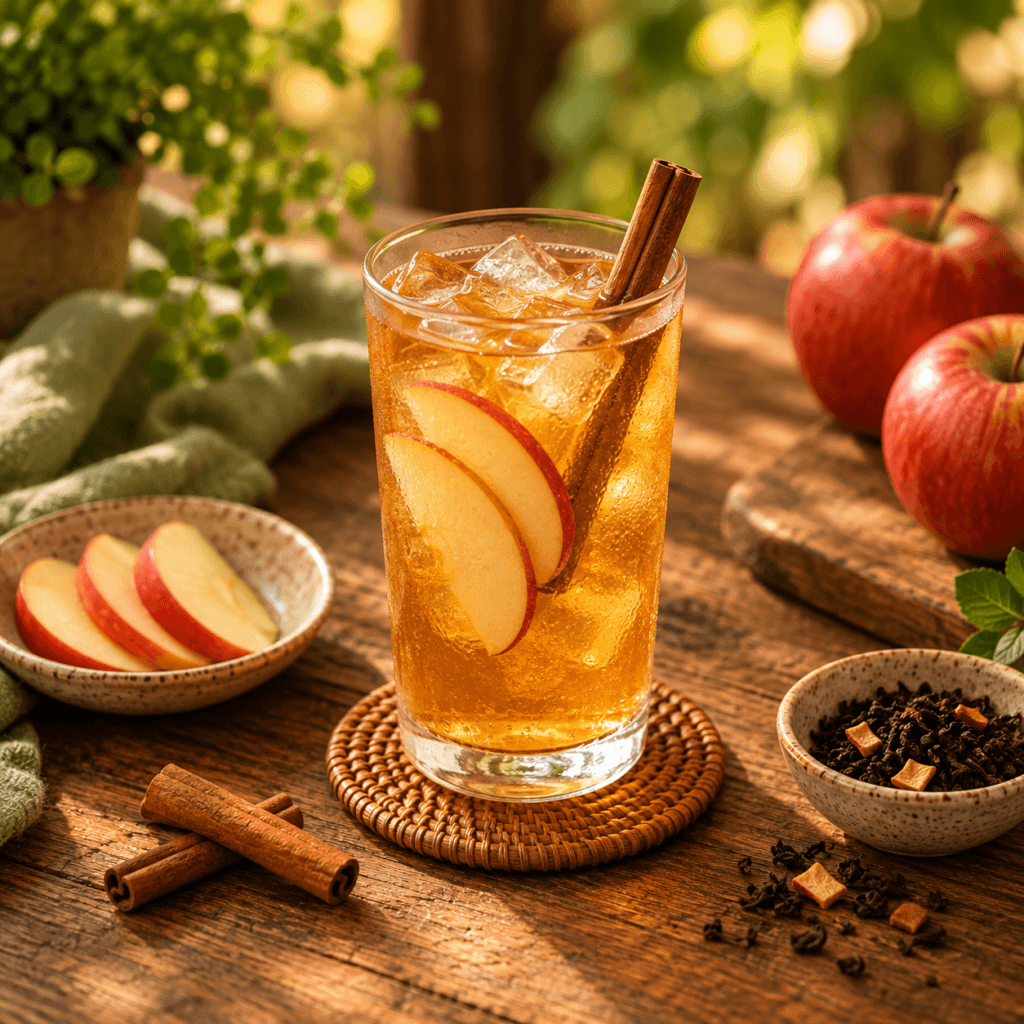 Copo de infusão gelada de maçã com duas fatias da fruta, gelo e um pau de canela