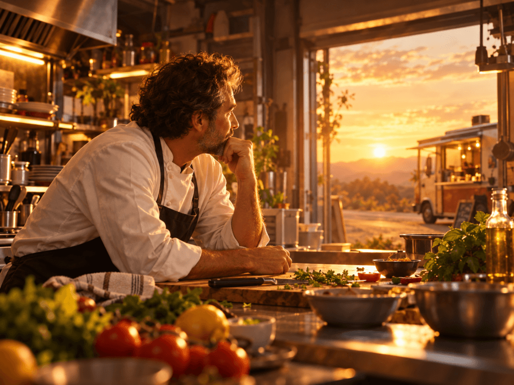 Chef em cozinha profissional olhando para um food truck ao entardecer