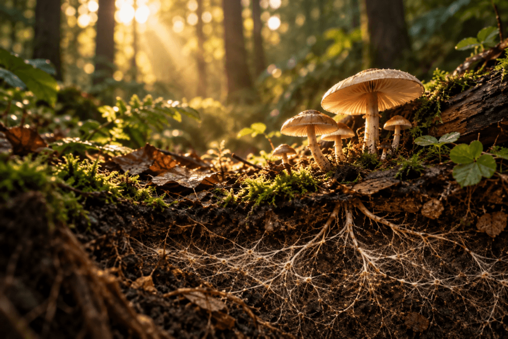 Fantastic Fungi: cogumelos crescendo sobre o solo da floresta com filamentos de micélio visíveis abaixo da superfície