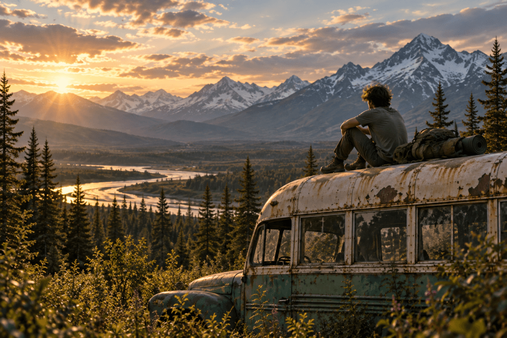Into the Wild (Na Natureza Selvagem): homem sentado sobre um ônibus abandonado diante de montanhas e paisagem selvagem do Alasca