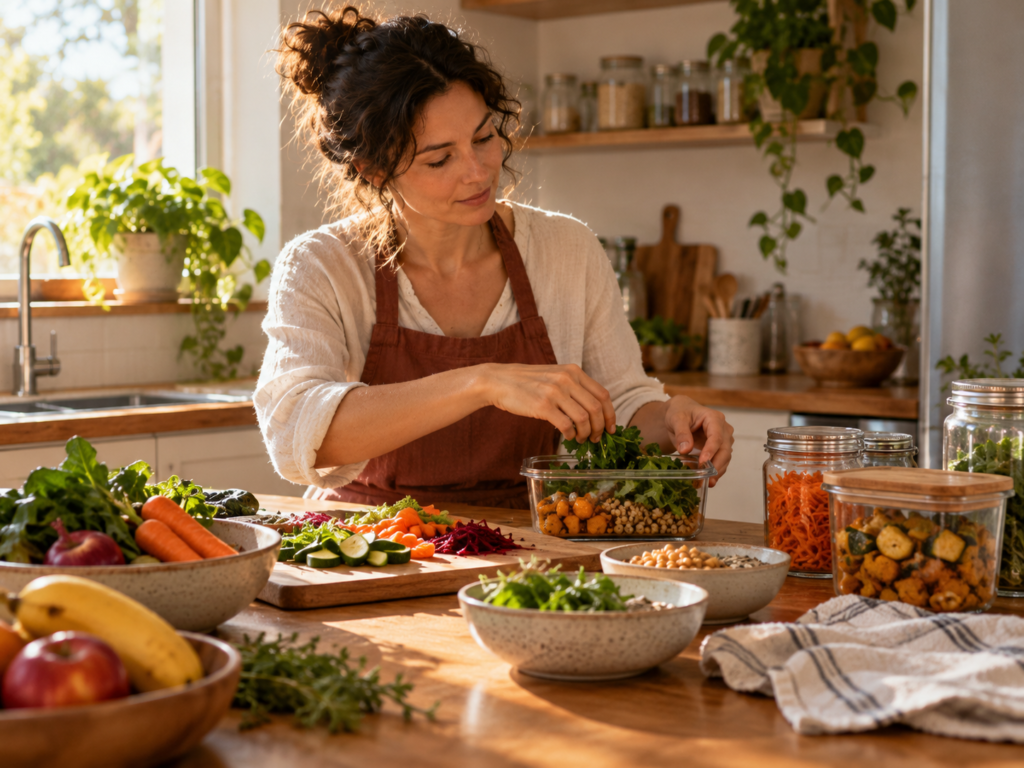 Mulher preparando uma refeição com vegetais e grãos em uma cozinha iluminada, organizando os ingredientes em recipientes.