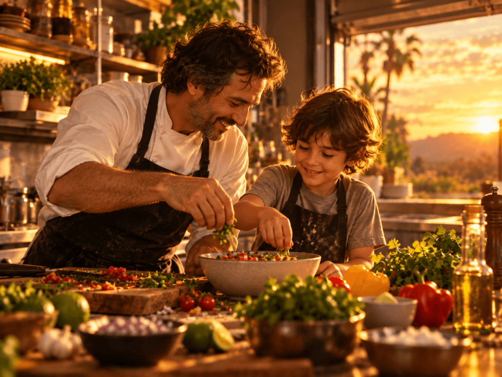 Pai e filho preparando comida juntos em cozinha iluminada pelo entardecer