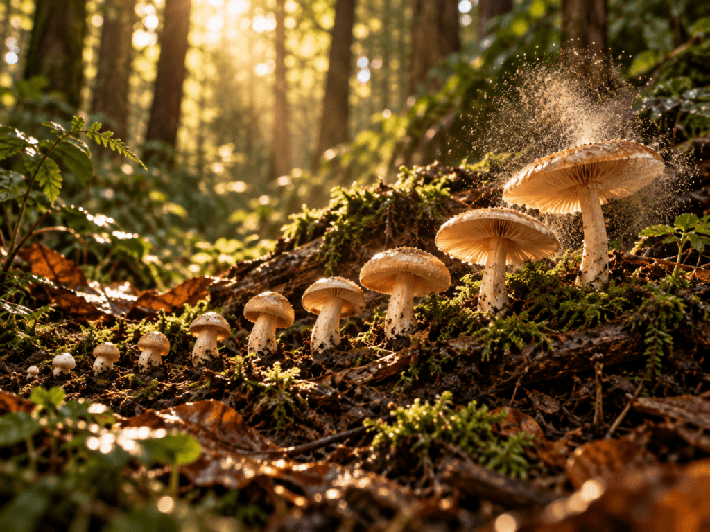 Sequência ilustrativa de cogumelos em diferentes estágios de crescimento na floresta com liberação de esporos