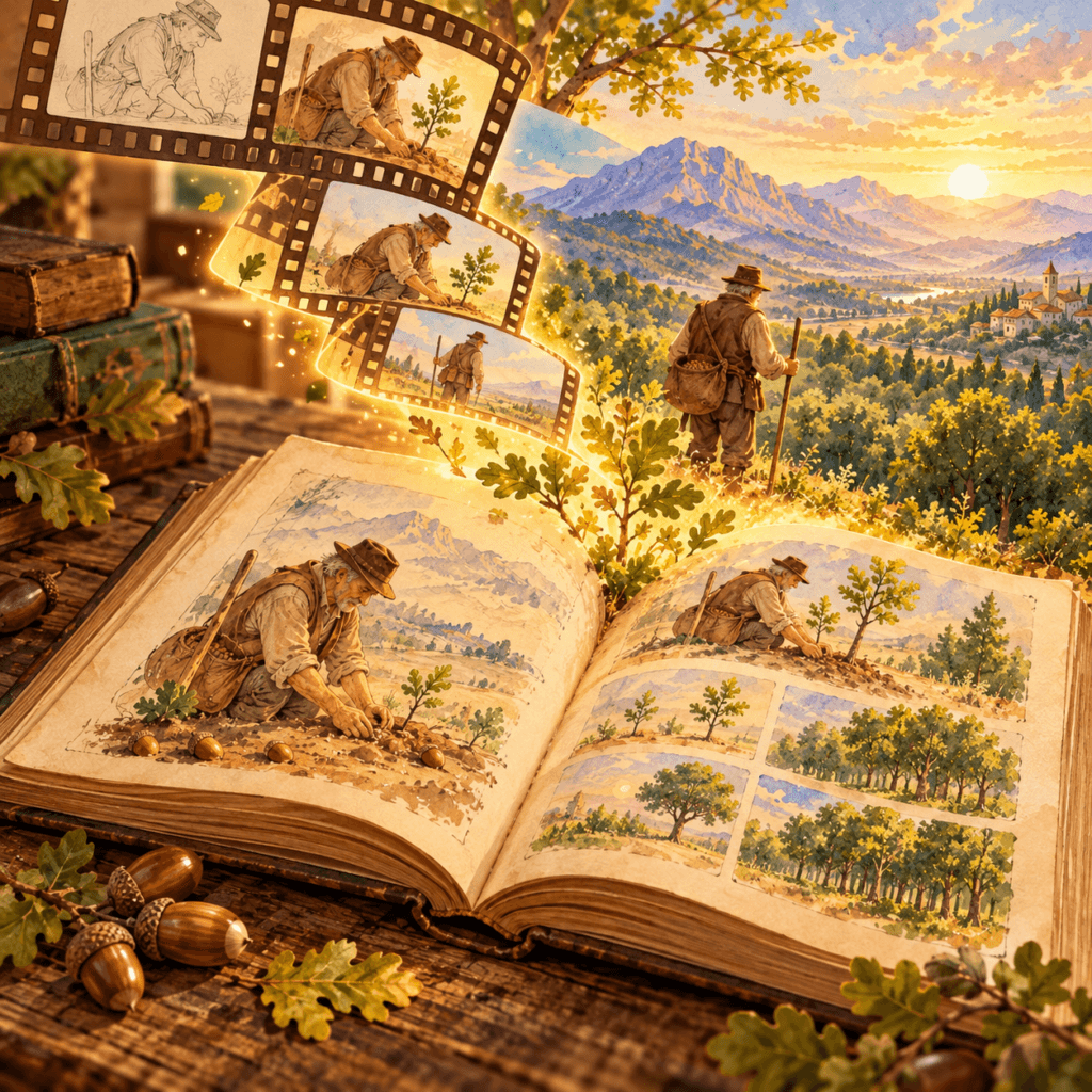 Livro ilustrado sobre O Homem que Plantava Árvores com desenhos e tiras de animação surgindo das páginas