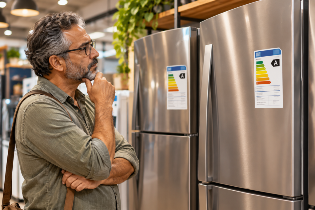 Homem comparando etiquetas de eficiência energética em duas geladeiras expostas em uma loja de eletrodomésticos.