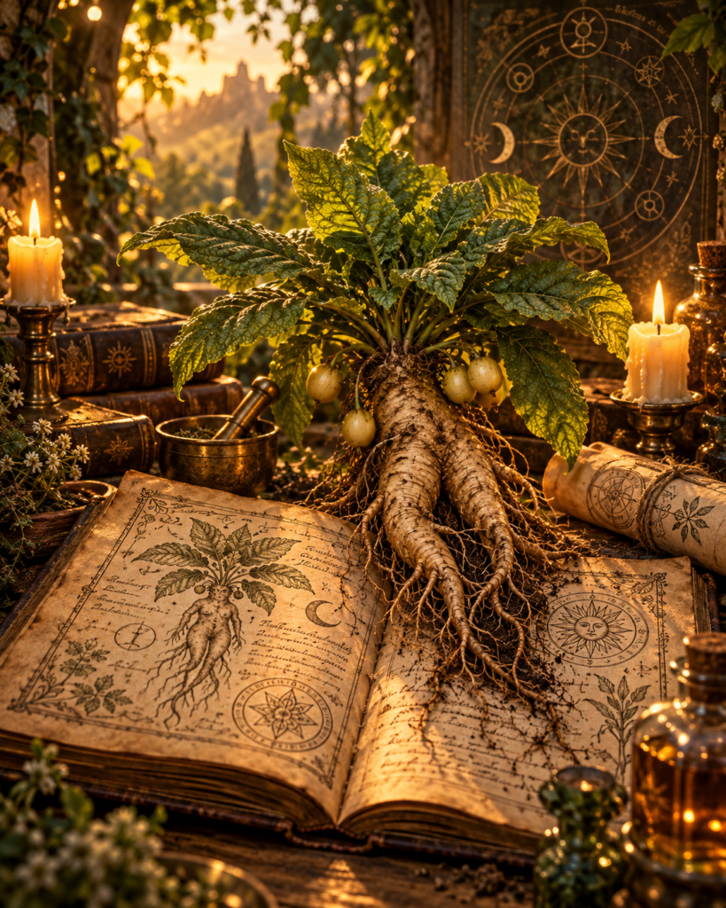 Mandrágora de raiz bifurcada entre livros antigos, velas, frascos e ilustração de raiz humanoide