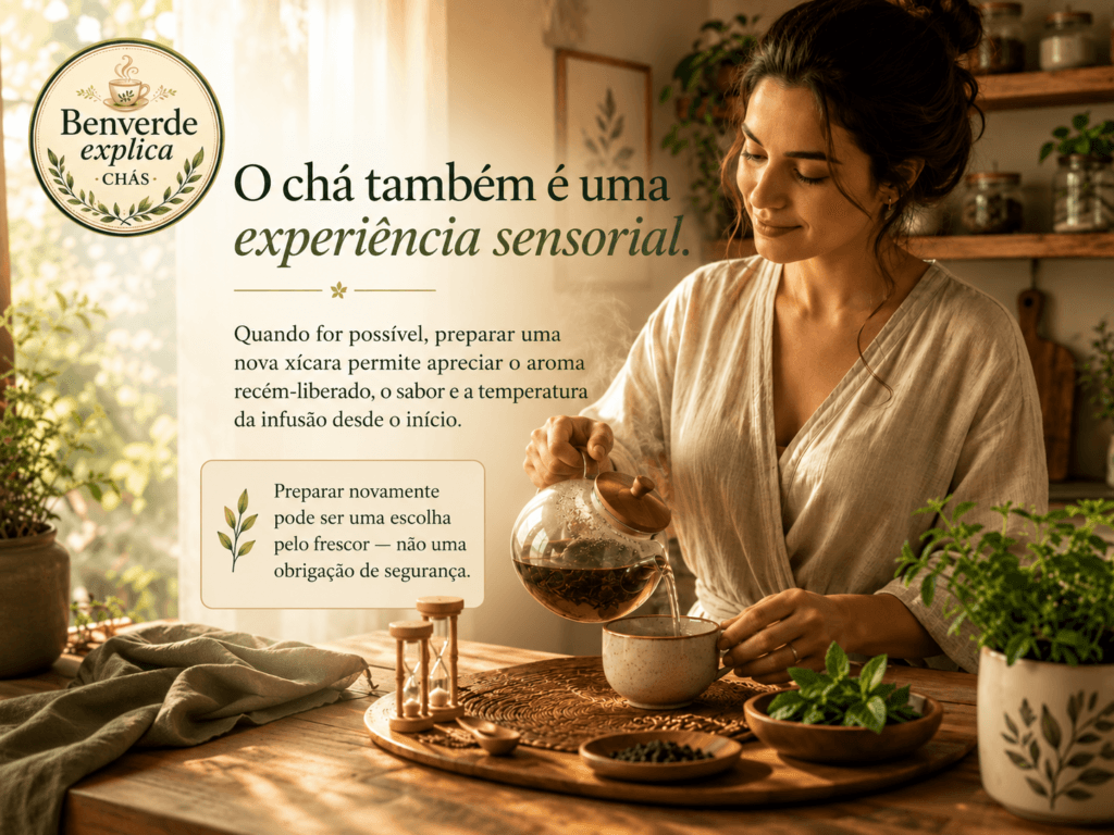 Pessoa preparando uma nova xícara de chá em ambiente acolhedor com luz natural
