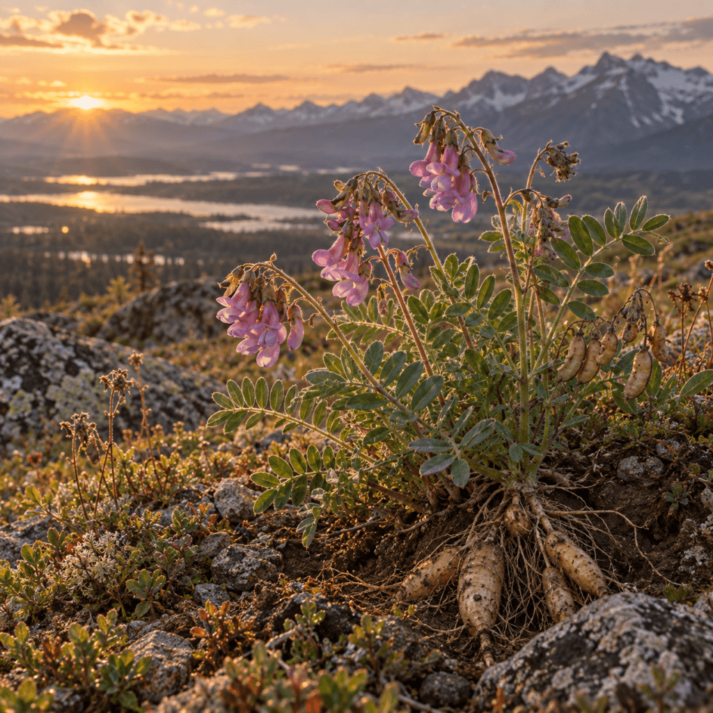 Representação botânica de Hedysarum alpinum com flores rosadas, folhas compostas e frutos em ambiente montanhoso