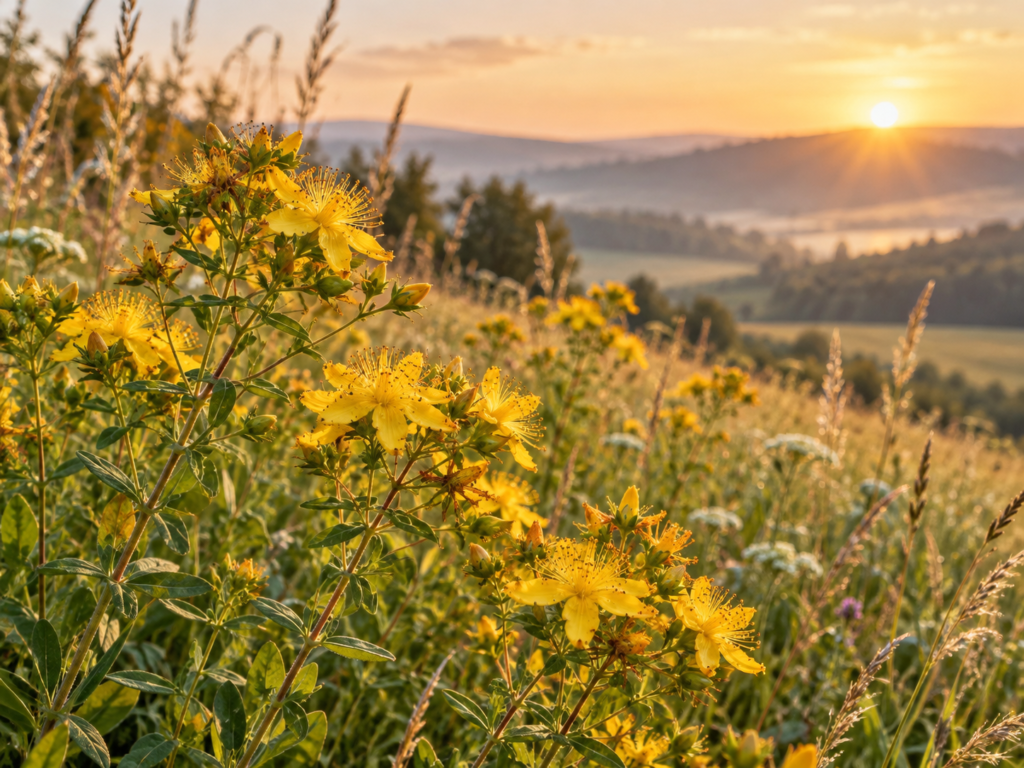 Flores amarelas de erva-de-são-joão, Hypericum perforatum, em um campo iluminado pelo nascer do Sol.