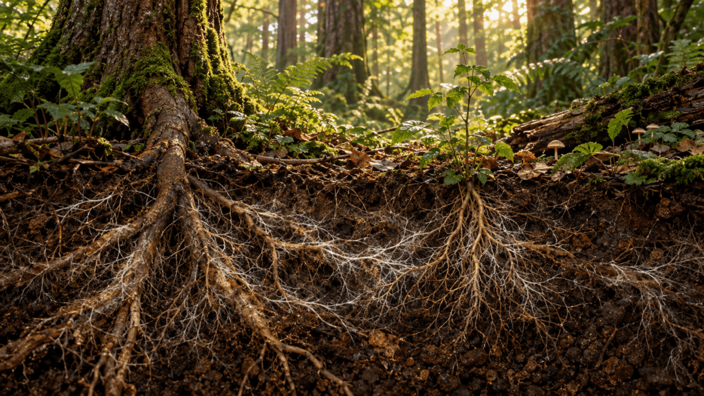 Corte do solo florestal mostrando raízes de árvores e plantas associadas a filamentos de fungos