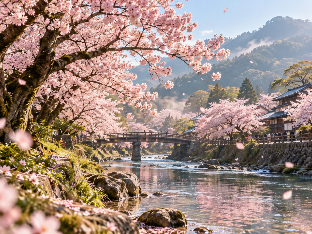 Hanami no Japão — Cerejeiras japonesas cobertas de flores rosadas margeiam um rio com ponte de madeira, construções tradicionais e montanhas ao fundo.