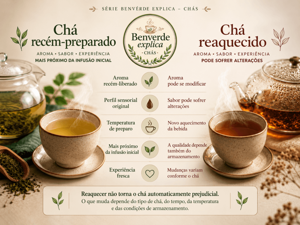 Infográfico comparando chá recém-preparado e chá reaquecido quanto a aroma, sabor, temperatura e armazenamento