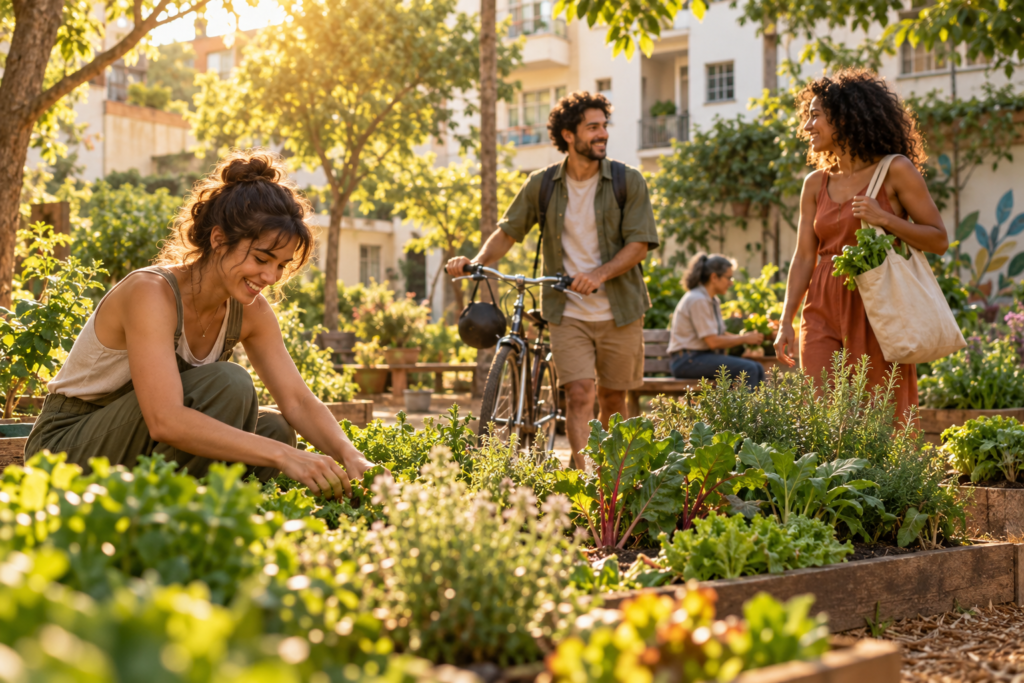Vida sustentável: pessoas cuidando de uma horta comunitária em um bairro arborizado, com bicicleta, plantas e edifícios residenciais ao fundo.