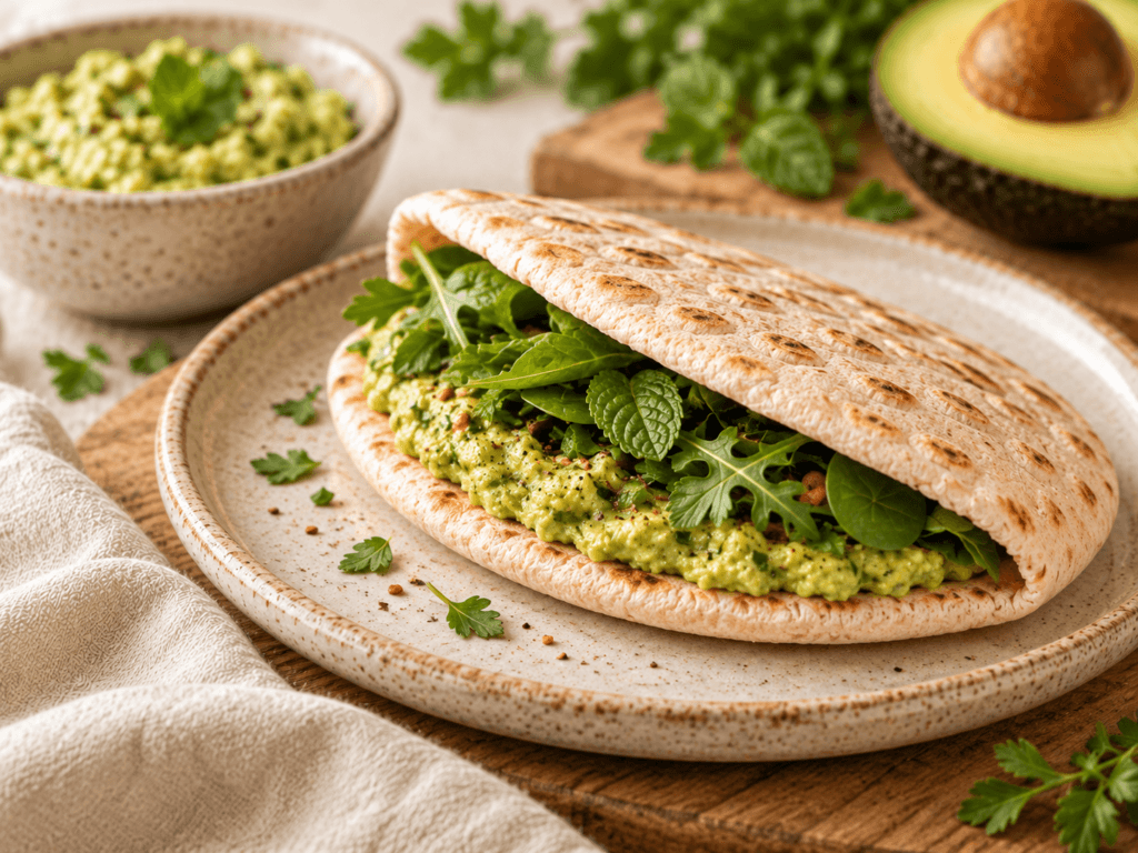 Pão sírio recheado com pasta de abacate, folhas verdes e ervas frescas