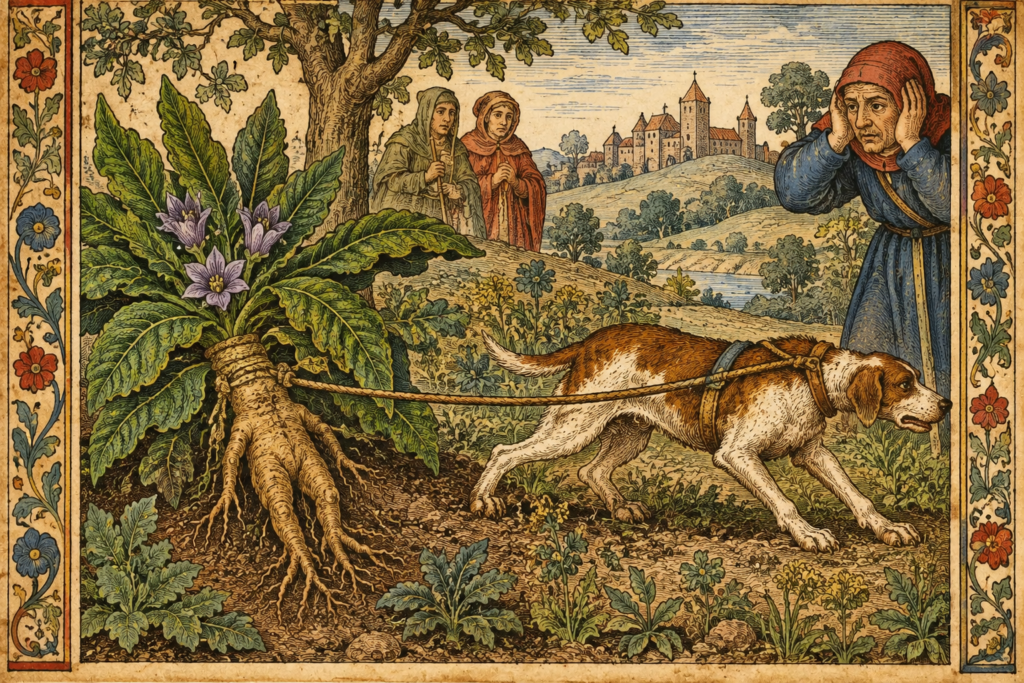 Representação artística medieval de um cão puxando uma mandrágora enquanto pessoas cobrem os ouvidos
