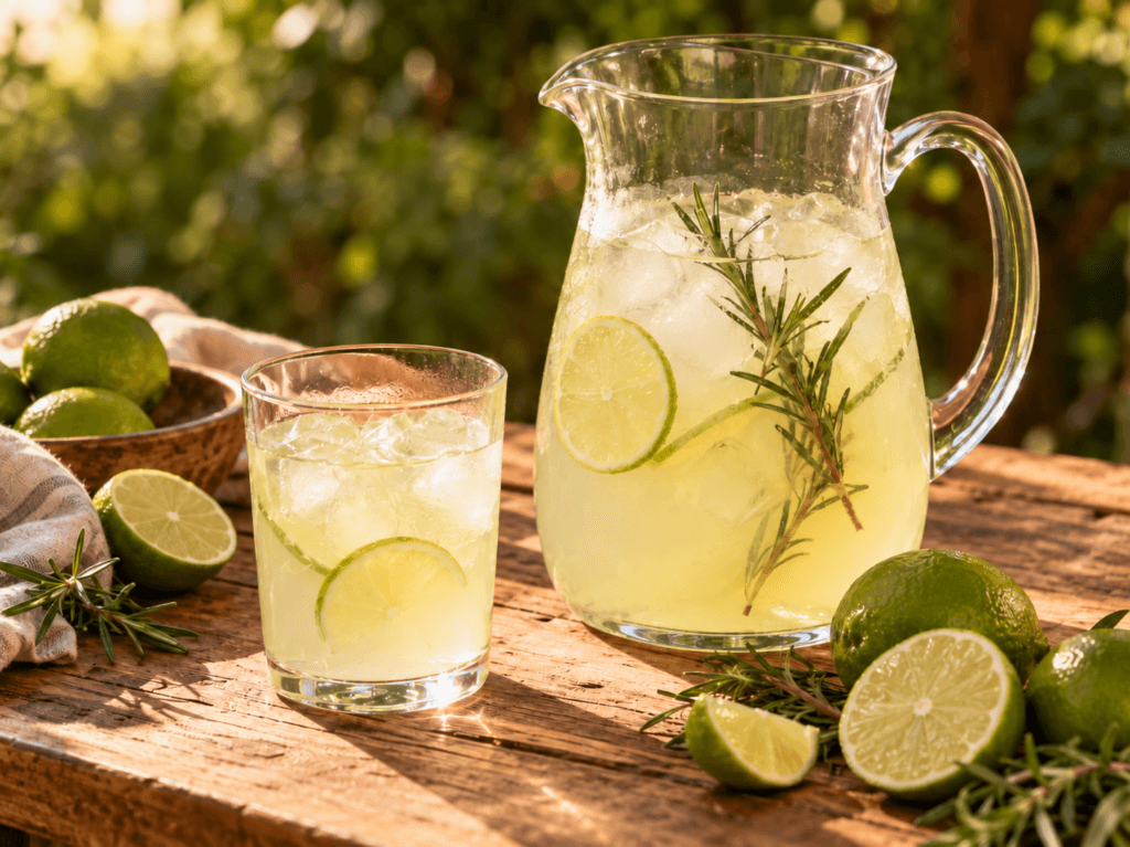 Jarra de limonada gelada com limão e um ramo de alecrim, acompanhada de copo sem ervas
