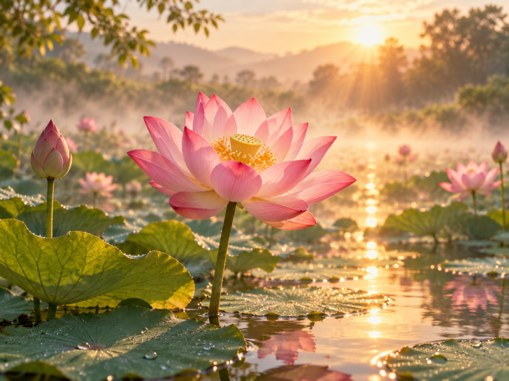Flor de lótus rosa da espécie Nelumbo nucifera elevada sobre a água de um lago ao amanhecer.