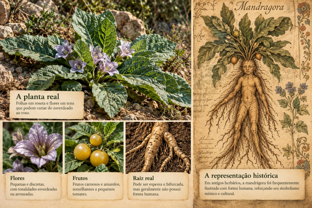 Comparação entre mandrágora real com flores, frutos e raiz e uma representação histórica humanoide da planta