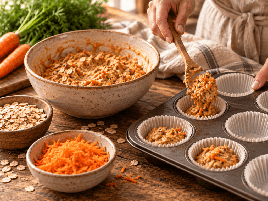 Pessoa distribuindo massa de cenoura e aveia em forminhas de muffin antes de levar ao forno
