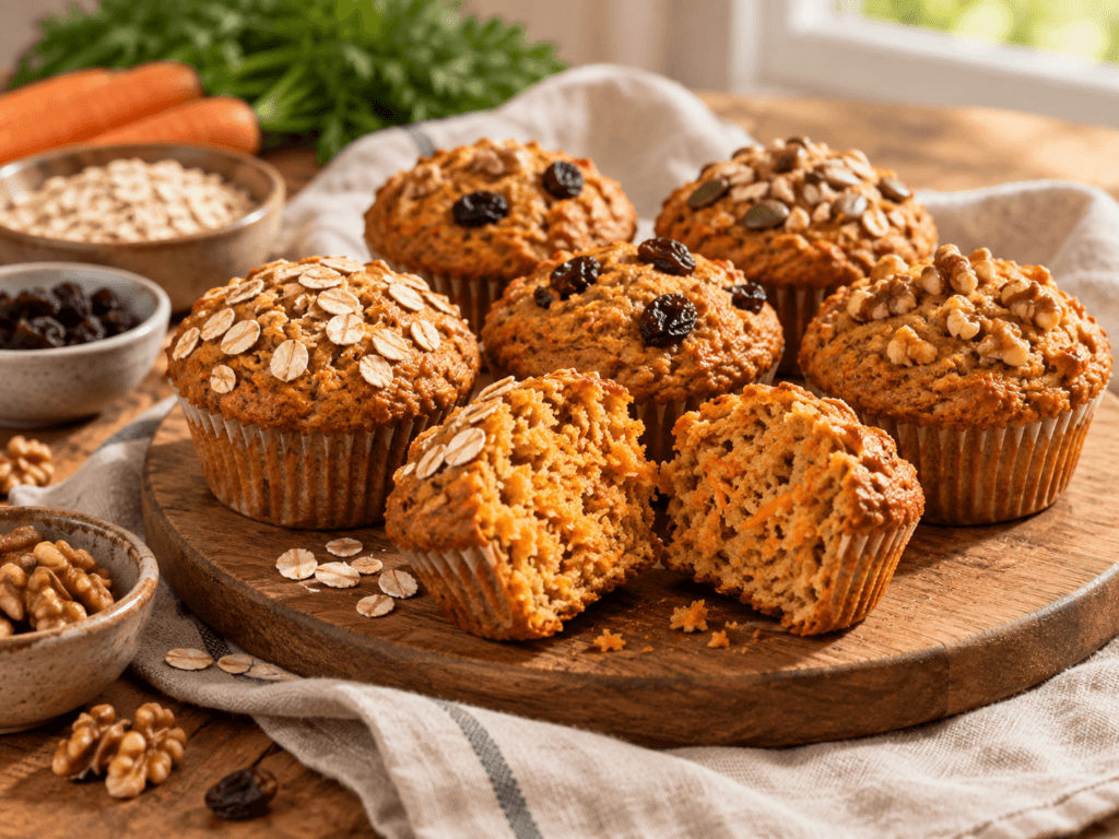 Muffins de cenoura e aveia com diferentes coberturas de aveia, nozes, sementes e uvas-passas